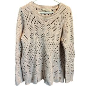 LOFT Womens Large Pink Pointelle Knit Wool Blend Sweater Scalloped Hem 487113